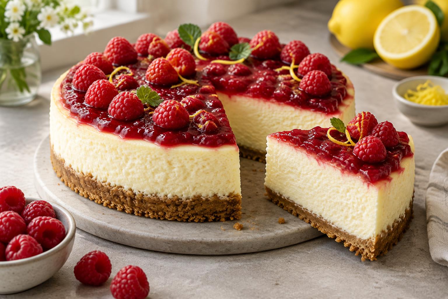 Lemon Cottage Cheesecake with Raspberry Topping